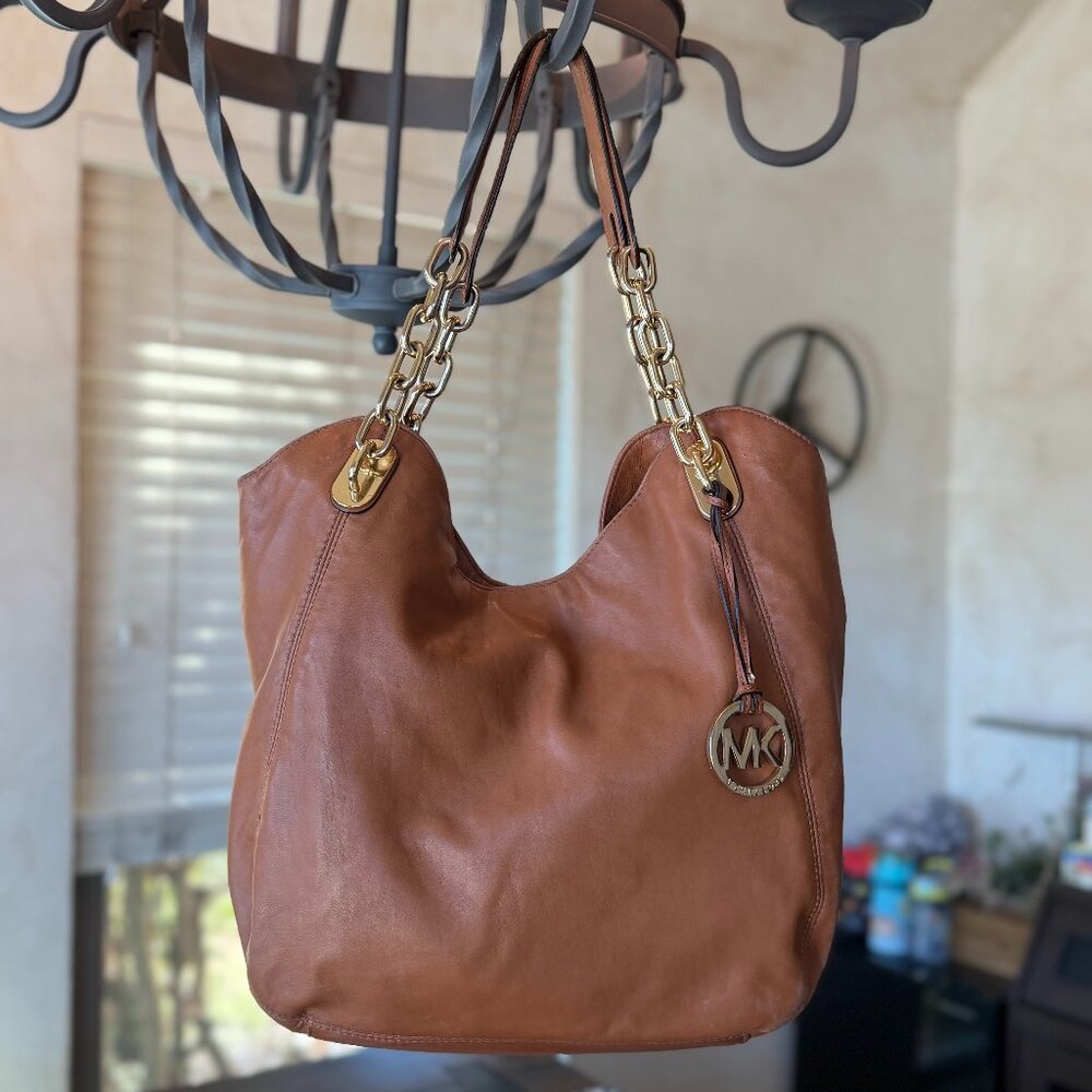 Michael Kors Tan Supple Leather Large Chain Hobo Shoulder Tote, Preowned